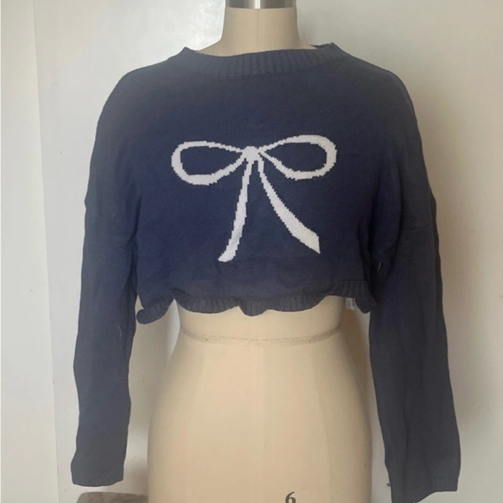 Edikted Navy Cropped Sweater with White Bow